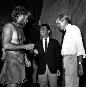 With Charleston Heston (L) on the set of Planet of the Apes.