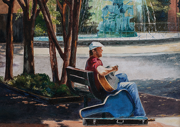Detail from a painting by Hooks of a guitarist at Montgomery's Court Square fountain.