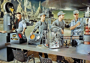 (L-R) Jack Kelly, Warren Stevens, Leslie Nielsen, Richard Anderson in “Forbidden Planet.” (courtesy MGM)