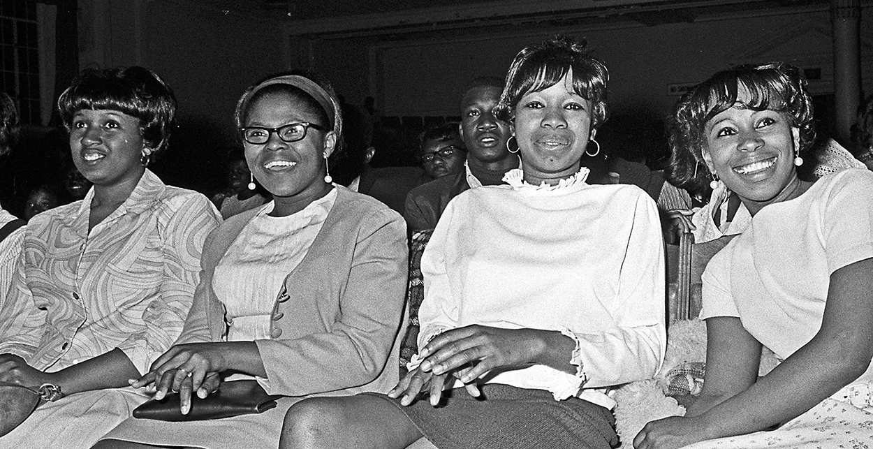 February 21, 1967. Young women in the audience during a performance of the Otis Redding Show at the Montgomery City Auditorium. (Jim Peppler photographer)